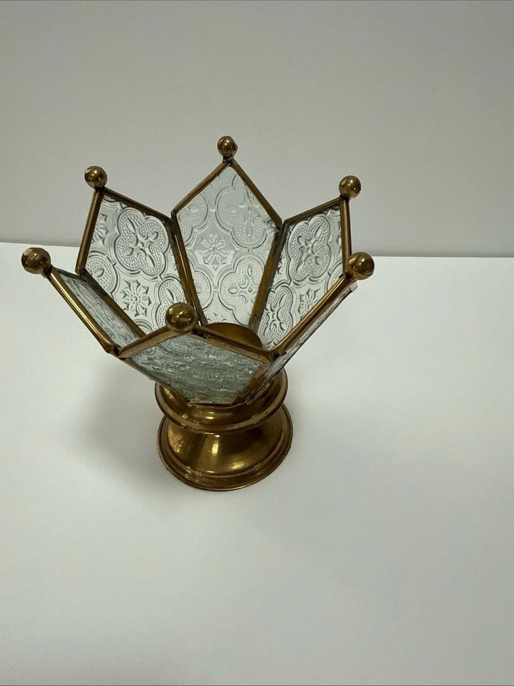 Vintage Crown Glass & Brass Decorative Votive Holder - Gold & Clear India fairy